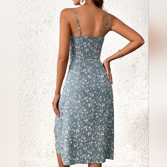 NEW Boho Chic Floral Tie Ruched Split Midi Dress Dusty Blue White - Picture 4 of 7